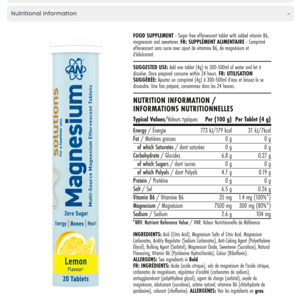 Съдържание на Applied Magnesium Effervescent 20 tabs Lemon